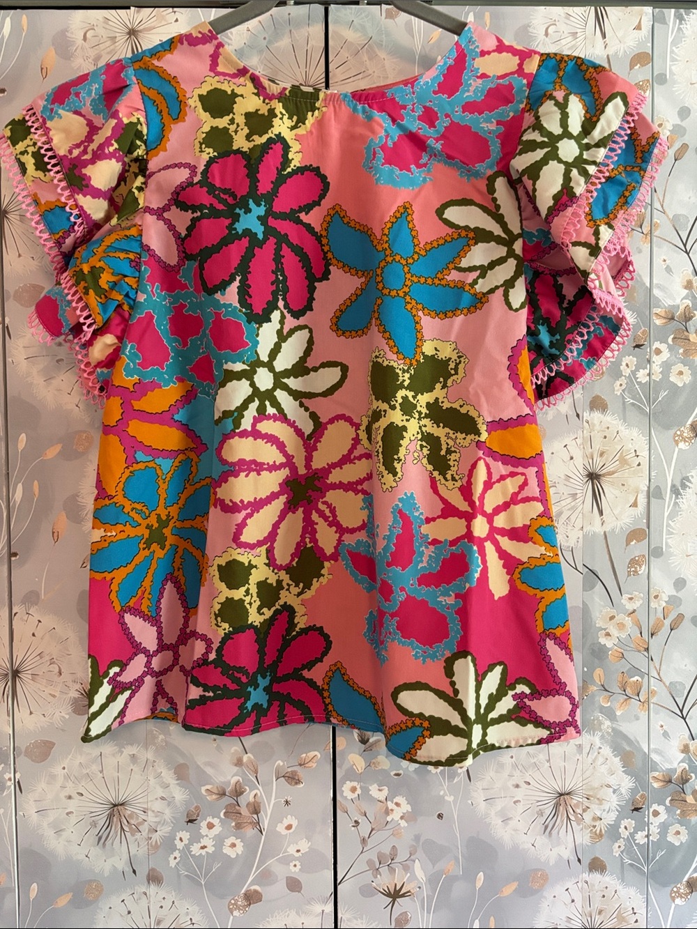 Vibrant Pink Floral Flutter-Sleeve Blouse
